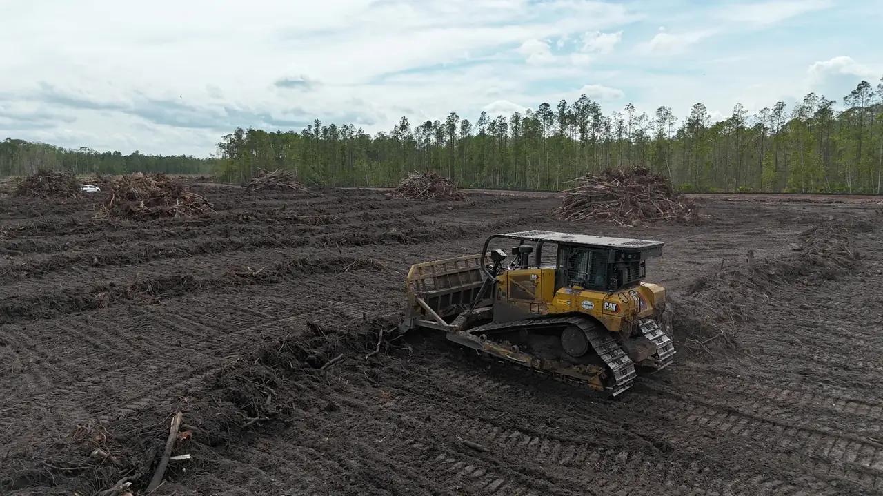 Crawler dozer on cleared acreage with brush piles stacked behind it